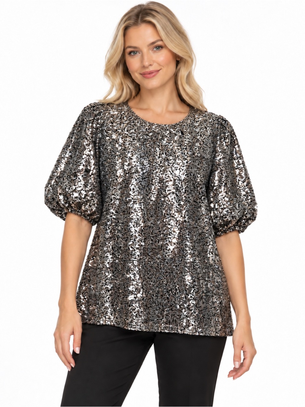Umgee NWT Size Medium Sequined Puff-Sleeve Top - Silver